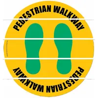 This 20 in x 20 in PVC floor sign is designed for marking pedestrian walkways in facilities such as warehouses and industrial plants. It features adhesive mounting for direct application to clean, dry floors, providing clear visual guidance to separate foot traffic from vehicle routes