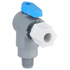 This manual two-way ball valve features a PVC body with angle pattern and full-port ball port for minimal flow restriction. It has 1/4 in male NPT x sweat end connections for versatile piping integration. Suitable for on/off flow control in corrosive fluid handling systems such as chemical processing and water treatment.