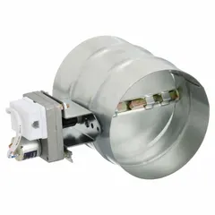 Round motorized balancing damper for HVAC duct systems, constructed from steel with a 6 3/8 in length. Includes a 9V DC actuator and is designed for vertical mounting. Supports a maximum air velocity of 2000 fpm.