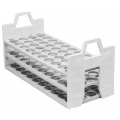 Benchtop test tube rack made of white polypropylene, holding up to 40 tubes. Overall dimensions: 4 1/2 in width, 5 1/4 in height, 10 5/8 in length. Used for organizing, holding, drying, or transporting tubes in laboratory settings.