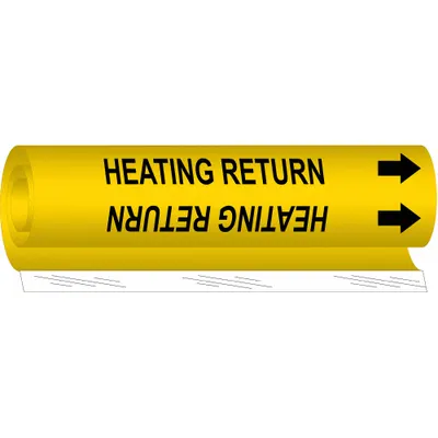 BRADY Pipe Marker: Heating Return, Yellow, Black, Fits 1 1/2 to 2 3/8 in Pipe O.D. - Heating Return Wrap-Around Pipe Markers