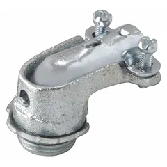 Iron 90° squeeze elbow connector for terminating flexible metal conduit. 3/4 in trade size, non-insulated, cULus Listed. Suitable for electrical conduit runs requiring a grounded 90° connection in confined spaces.