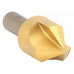 This 82° countersink features three flutes for smooth cutting and reduced chatter. The TiN-coated high-speed steel construction provides wear resistance. It is used for creating conical recesses for flat-head screws and for deburring holes in metalworking and machining operations.