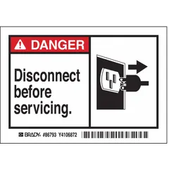 Adhesive vinyl sign warning of electrical hazard before servicing. Nominal size 3 1/2 in x 5 in, not retroreflective, no glow. Suitable for application on equipment panels, junction boxes, or machinery where adhesive mounting is appropriate.