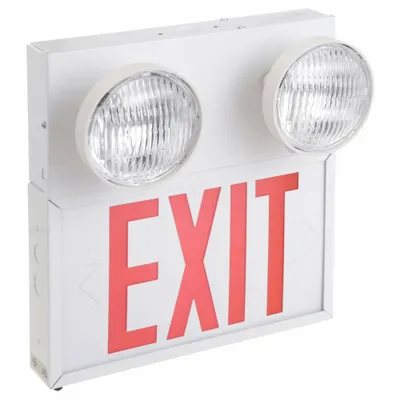 BIG BEAM Exit Sign with Emergency Lights: White, 1 Faces, Red, LED, Ceiling/Wall - Steel Exit Signs with Round Top-Mount Light Heads