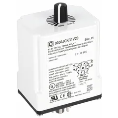Socket-mounted time delay relay with 8 pins/terminals. Rated 10 A at 120/240V AC and operates on 120V DC. Used in industrial control panels for sequencing operations, delaying switching of loads such as motors and conveyors to protect equipment from rapid cycling.