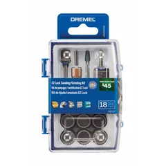 This 18-piece rotary tool accessory set includes a 952-3/8 in Aluminum Oxide Grinding Stone and a storage case. The accessories feature a 1/8 in shank diameter and are suited for grinding, sharpening, and light material removal on metal, wood, and ceramics in maintenance, fabrication, and hobbyist tasks.