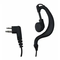 Wired earpiece with in-earpiece microphone, ear hook, and push-to-talk button. Single-wire design in black. Compatible with Motorola Spirit Pro series two-way radios for hands-free communication.