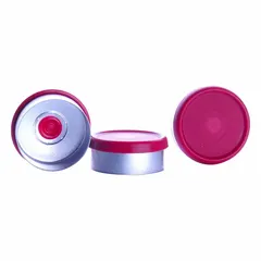 Red, colored aluminum flip cap closures for laboratory bottles. Unlined, non-vented, and without septa. Each pack contains 125 closures. Compliant with USP standards.