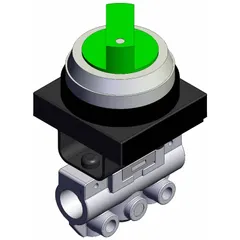 Manual air control valve with two-position twist actuator, three ports, and 1/8 in NPT connections. Side-ported green body. Used to start, stop, or redirect compressed air flow in pneumatic systems.