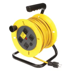 This hand-winding cord reel manages power delivery in workshops, warehouses, and maintenance areas. It features a 40 ft 14 AWG SJTW yellow cord with a 5-15P feeder plug and a 5-15R retractable end, operating at 125V AC. The manual retraction reduces trip hazards and cord wear.