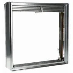 Rectangular fire damper with curtain blade type and spring closure. Designed for horizontal mounting in HVAC ductwork to prevent fire and smoke spread. Measures 13 3/4 inches in height, 13 3/4 inches in width, and 3 3/4 inches in length.