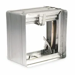 Rectangular fire damper with curtain blade and spring closure mechanism. Measures 11 3/4 in height, 11 3/4 in width, and 3 3/4 in length. Designed for vertical mounting in HVAC ductwork to restrict fire and smoke spread.