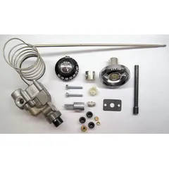 Natural gas thermostat for commercial cooking equipment, with a dial range of 250°F to 550°F. Features a 48-inch capillary and 3/16-inch bulb for remote temperature sensing. Gas connection is 1/4" pipe. Compatible with Connerton Universal series as OEM replacement part 417424-G5.