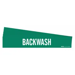 Green self-adhesive vinyl pipe marker with white 'Backwash' legend, designed for pipes with outer diameter 8 inches and larger. Each pack contains 5 markers without directional arrows. Used to identify backwash piping in water treatment and filtration systems.