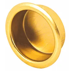 This round recessed handle and pull is designed for tray applications. Constructed from steel with a polished brass finish, it features snap-in mounting for quick installation on cabinet drawers or panels. Sold in a pack of 4.
