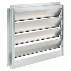 This backdraft damper is designed for ceiling or roof exhaust systems to prevent reverse airflow. It features a single-panel flat blade with felt seals, mounts horizontally, and handles vertical airflow up to 2000 fpm. Dimensions: 21 in height, 21 in width, 2 in depth.