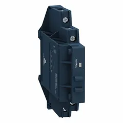 DIN-rail mounted solid state relay with SCR AC output, Form A (SPST-NO) switch configuration. DC input current 9 to 11 mA, output voltage 24 to 280V AC, maximum output current 12 A without heat sink. Screw clamp electrical connection, finger-safe design. Suitable for switching AC loads in industrial control panels.