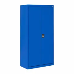 This industrial combination cabinet measures 36 x 24 x 72 inches and includes four shelves (three adjustable, one fixed). It features a recessed handle with three-point locking for secure storage. The cabinet is supplied fully assembled and is suited for organizing supplies in janitorial or maintenance environments.
