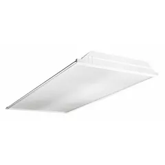 This 2 ft. x 4 ft. LED flat panel troffer delivers 5,526 lumens at 4000K with a power draw of 45 W. It operates on 120 to 277V AC and is designed for recessed installation in standard ceiling grids, providing general ambient lighting in commercial spaces.
