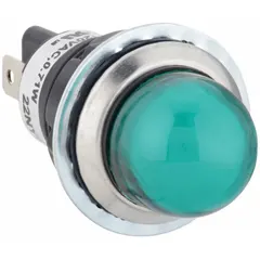 This LED indicator pilot light features a raised head design for enhanced visibility from multiple angles on industrial control panels and machinery. It mounts in an 18 mm panel hole and uses a 0.187 in tab electrical connection for straightforward wiring.