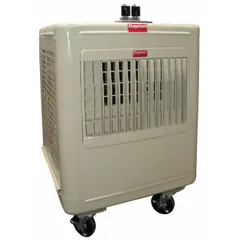 This portable evaporative cooler operates on 120V AC with a 5-15P plug and measures 32 inches by 22 inches by 22 inches. It is suited for cooling open or semi-enclosed spaces such as warehouses, workshops, and loading docks where adequate ventilation is available.