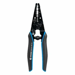 This multifunction wire stripper is designed for stripping NM cable jackets. It accommodates 12 to 14 AWG wire and includes a screw shear feature. The tool has a coil spring design, high carbon steel construction, and a comfort grip. It is insulated and has an overall length of 7 1/4 in.