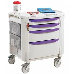 This METRO cart is constructed of polyethylene for moisture and chemical resistance. It features a taupe cabinet and a white drawer for organizing patient-care supplies. The caster configuration includes two swivel and two swivel with brake casters for mobility and stability. Typical applications include bedside storage and supply delivery in healthcare environments.