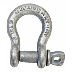 Anchor shackle with a working load limit of 14,000 lb and a width between eyes of 1-1/4 in. Silver body finish. Used in lifting and rigging applications to connect chains, slings, or hooks to a load.