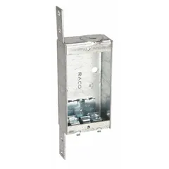 Steel handy electrical box for single-gang installations. Box width 2 in, depth 1 in. Features a stud-side bracket for mounting and an NMSC clamp for non-metallic sheathed cable. Suitable for enclosing wiring devices, switches, or outlets in electrical systems.