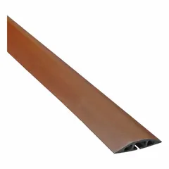This flexible rubber cable floor cover provides a single channel to route and protect cables in pedestrian or light-traffic areas. It measures 25 feet in length, 3 1/4 inches overall width, and 9/16 inches overall height, in a brown color. The rubber construction helps reduce trip hazards and cable wear.