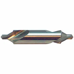 Left-hand bell-tip center drill, type #16, with a 60° included angle. Made of TiN-coated high-speed steel, overall length 3 inches. Used to create precise 60° center holes in workpieces for lathe operations, particularly suited for left-hand spindle rotations.