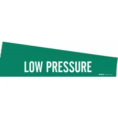 Green adhesive pipe marker with white 'Low Pressure' legend, designed for pipe outer diameters from 2-1/2 to 7-7/8 inches. Supplied without arrows in a pack of 5. Used to identify low-pressure piping systems in industrial facilities.