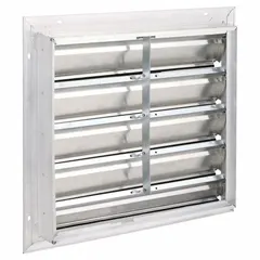 This wall-mount backdraft damper is designed for vertical mounting with horizontal airflow. It features a single-panel flat blade construction and is rated for a maximum air velocity of 2500 fpm. The aluminum construction resists corrosion. Typical applications include exhaust or intake systems where backdraft prevention is required.