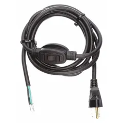 This power cord features a 5-15P plug and bare wire receptacle, with a 10 ft length and SJT PVC jacket. Rated for 10 A current, it is suited for connecting equipment to a standard outlet in industrial machinery, lighting, or temporary power setups requiring a switched connection.