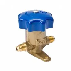 This diaphragm valve features a 5/8 in male flare connection for flare-to-flare installation. It has a standard length body with a 0.8 in base to port center height and is A2L compatible. Used for flow control in refrigeration and HVAC systems.