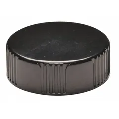 Black phenolic screw cap with rubber liner, designed for narrow-mouth laboratory containers. Features a 20-400 mm screw closure size and is autoclavable. Complies with ASTM E982. Suitable for general lab use requiring sterile closures.