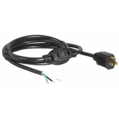 This power cord features a 5-15P plug and bare wire receptacle for hardwiring connections. It has a 3/14 conductor configuration, SJT jacket, PVC insulation, and a 10 A current rating. The integrated on/off switch provides convenient control for connected equipment.