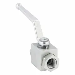 Two-position, two-way hydraulic ball valve with 3/4 in SAE O-Ring Boss female port connections. Features Nitrile ball and shaft seals, 6.73 in handle length, and non-lockable handle. Used for on/off flow control in hydraulic systems such as power units and machine tools.