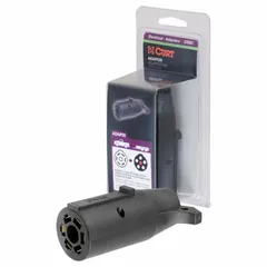 This plastic adapter converts a 7-way blade trailer plug to a 6-way round connector. It measures 4 inches overall length and 1 3/4 inches in height. Used to connect trailers with different plug configurations without rewiring.