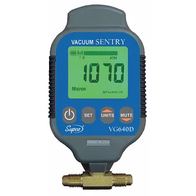 Supco Vacuum Gauge: LCD, 0 micron Hg to 19,000 micron Hg, 1/4 in Male SAE Flare Right-Hand - Digital Vacuum Gauges