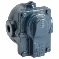This cast iron in-line float and thermostatic steam trap is designed for horizontal installation with a 1/2 in FNPT connection. It features a stainless steel float and handles a maximum capacity of 1,800 lb/hr at 75 psi and 377°F. Suitable for removing condensate and air from steam lines in industrial heating and process systems.