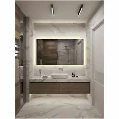 Rectangular lighted vanity bathroom mirror made of glass with polished edge and back. Overall dimensions: 60 in width, 36 in height, 1 3/4 in depth. Suitable for commercial and institutional restroom installations where a clean, professional appearance is required.