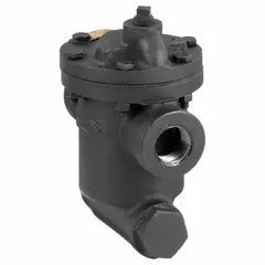 Cast iron inverted-bucket steam trap for horizontal in-line installation. 3/4 in FNPT connections, maximum capacity 690 lb/hr at 20 psi, maximum temperature 450°F. Includes integral strainer. Used to discharge condensate from steam lines in heating and process systems.