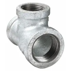 This medium-pressure threaded pipe tee is a T-shaped fitting with run x run x branch configuration, connecting three pipe sections. It has a maximum operating pressure of 300 psi at 77°F and dimensions of 1 in x 1 in x 1 1/4 in. Suitable for use in industrial fluid or gas systems requiring a branch connection.