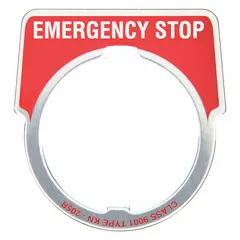 Half-round push-button ring and plate for 30 mm panel mounting. Overall height 1 3/4 in, overall width 1 5/8 in. Red metallic silver aluminum construction with English 'Emergency Stop' notch legend. Used to label emergency stop push-buttons on industrial control panels.