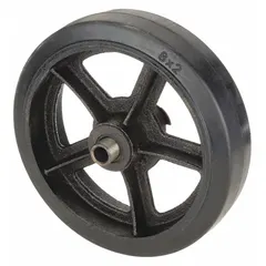This Dayton mold-on wheel is a replacement or upgrade accessory for hand trucks. It features a metal hub with a black rubber tread, providing floor protection and durability. The wheel measures 8 inches in overall height and length, with a 2 1/4-inch width. Suitable for moving loads in warehouses, factories, and distribution centers.