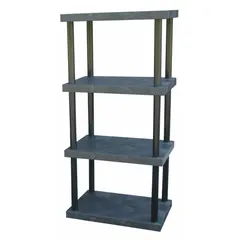 This stationary shelving unit features a plastic frame and shelves made of corrosion-resistant High Density Polyethylene. It measures 36 in x 24 in with an overall height of 75 in and includes 4 shelves. Suitable for industrial environments where resistance to moisture or chemicals is required.