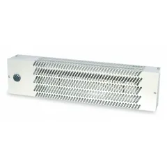 This convection electric wall heater is designed for surface mounting in pump houses and similar enclosures to help prevent freezing. It operates on 120V AC, 208V AC, or 240V AC, 1-phase, with selectable wattage output of 500W, 375W, or 500W. The unit includes a unit-mounted thermostat and measures 5 in H x 21 in W x 3-1/2 in D.