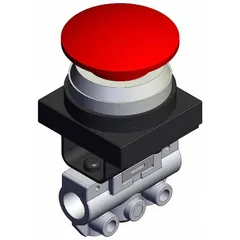 This manual air control valve features a mushroom button actuator and side-ported body with 3 ports and 1/8 in NPT connections. It is used in pneumatic systems for manual control of air flow, such as in safety circuits or dual-pressure control applications.